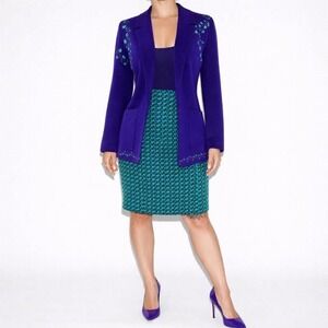 Vintage 60s Embroidered Tweed Skirt Suit Set Womens M Wool Knit Blue Purple Mod